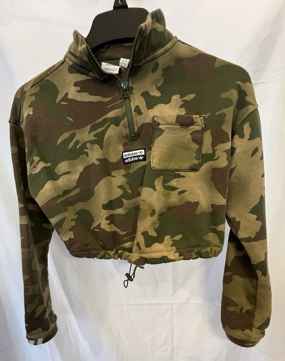 Adidas Sweater Womens Adult Small Green Camo Cropped Logo Zip Pullover Ladies